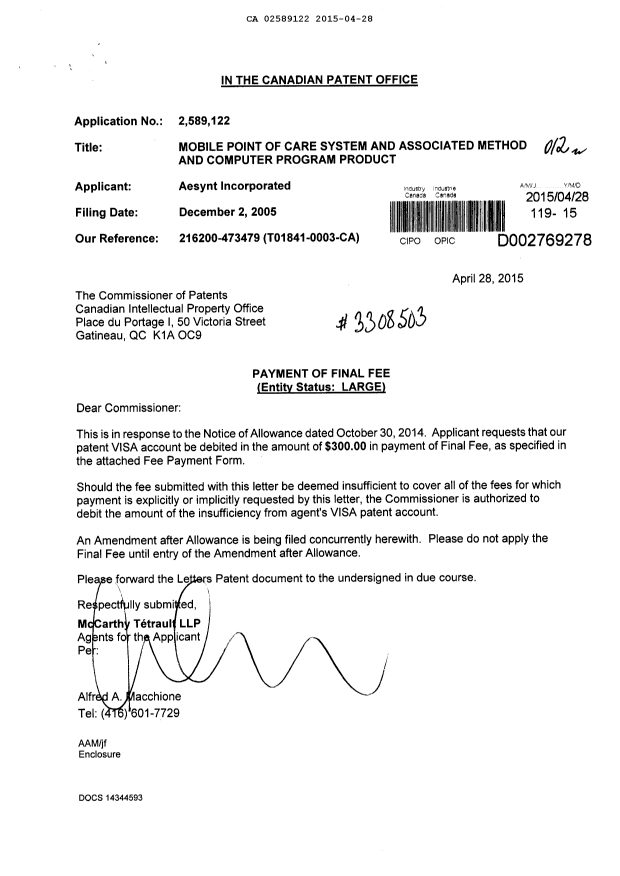 Canadian Patent Document 2589122. Correspondence 20150428. Image 1 of 1