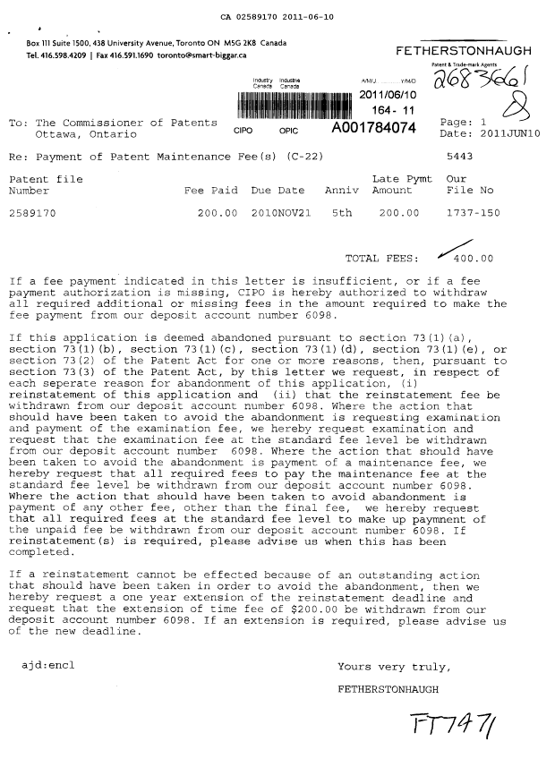 Canadian Patent Document 2589170. Fees 20110610. Image 1 of 2