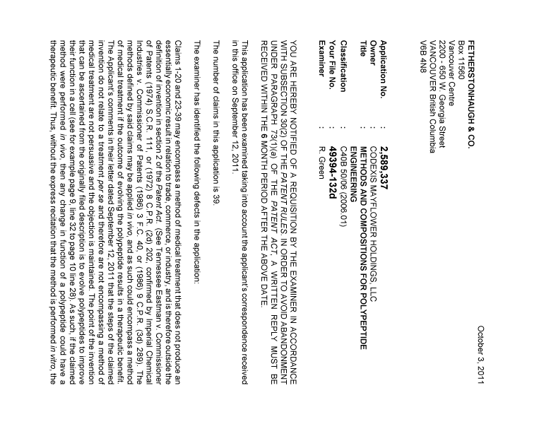 Canadian Patent Document 2589337. Prosecution-Amendment 20111003. Image 1 of 2