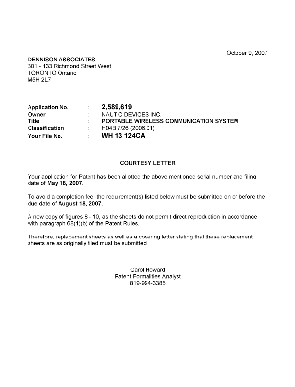 Document de brevet canadien 2589619. Correspondance 20071009. Image 1 de 1