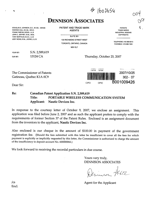 Document de brevet canadien 2589619. Cession 20071025. Image 1 de 3