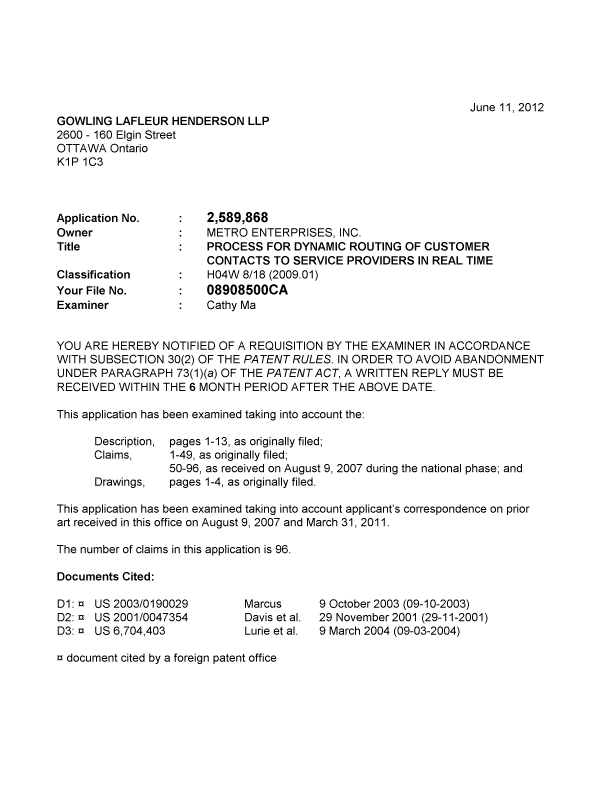 Document de brevet canadien 2589868. Poursuite-Amendment 20120611. Image 1 de 2