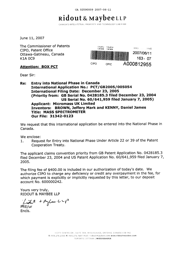 Document de brevet canadien 2590009. Cession 20070611. Image 1 de 3