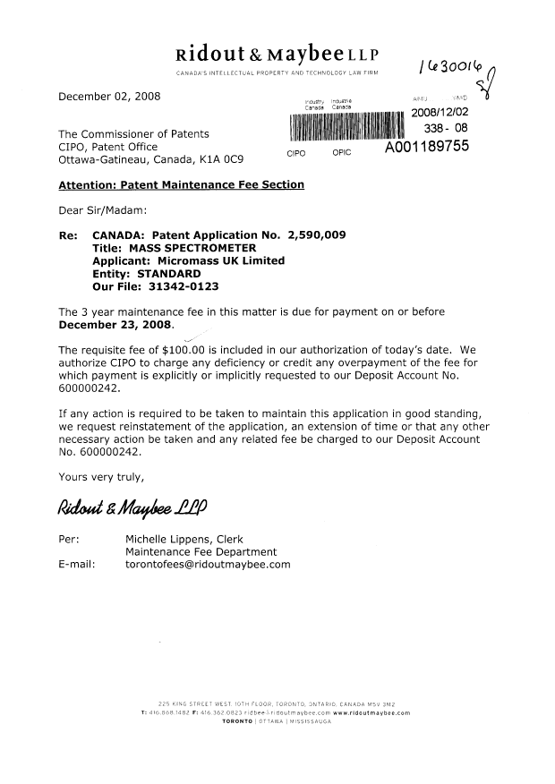 Document de brevet canadien 2590009. Taxes 20081202. Image 1 de 1