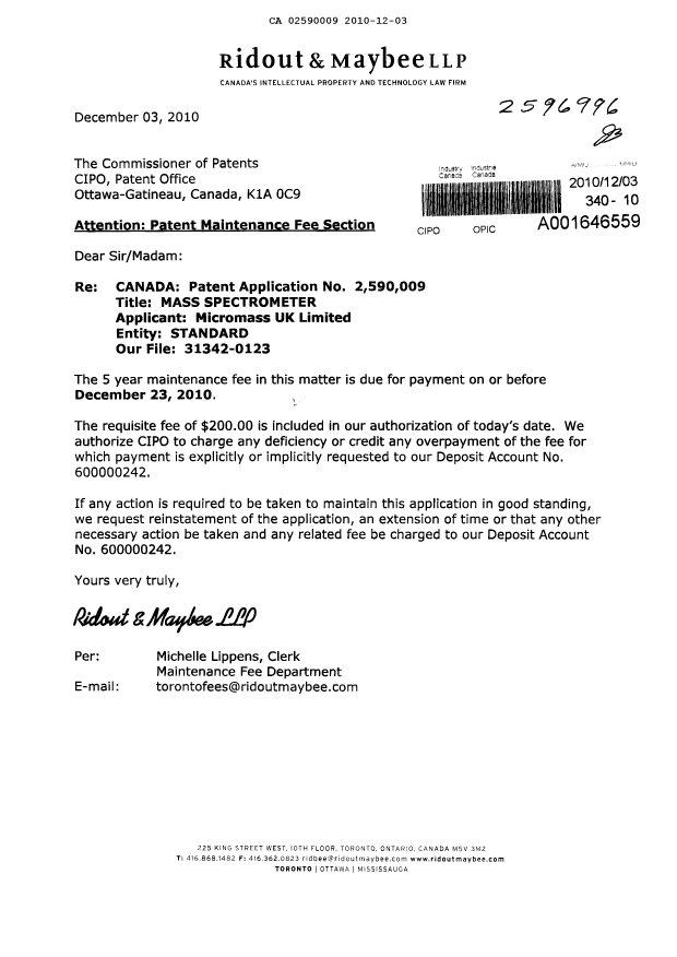 Document de brevet canadien 2590009. Taxes 20101203. Image 1 de 1