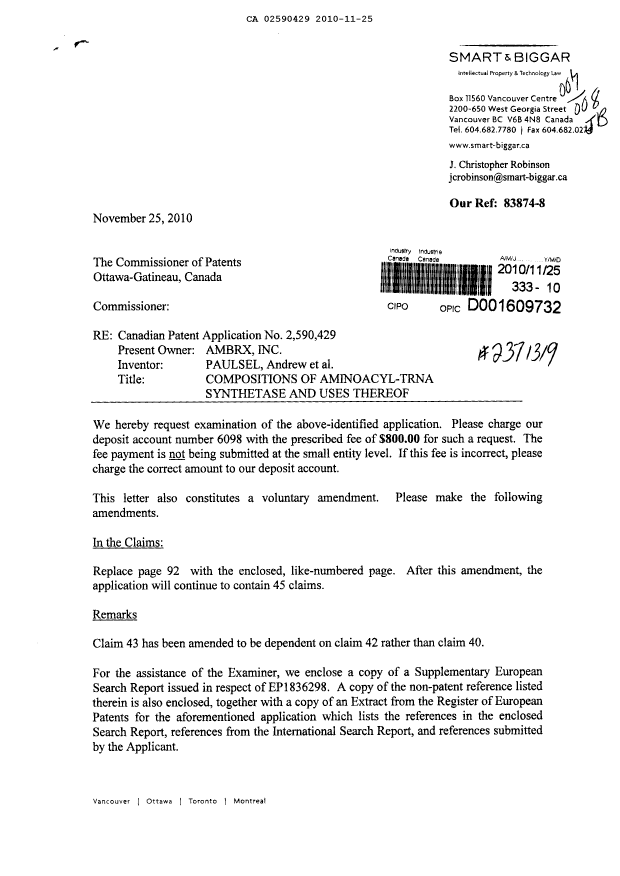 Canadian Patent Document 2590429. Prosecution-Amendment 20101125. Image 1 of 3