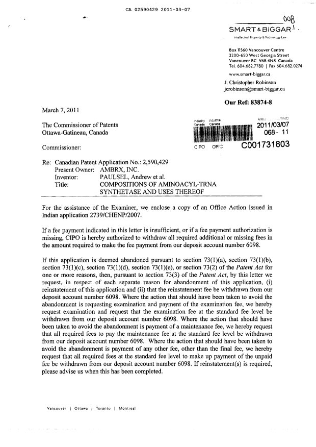 Canadian Patent Document 2590429. Prosecution-Amendment 20110307. Image 1 of 2