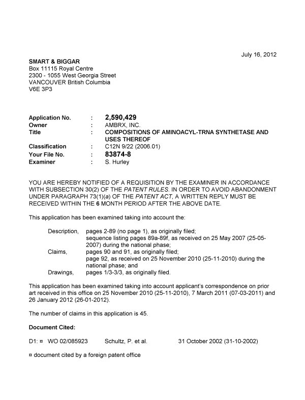 Canadian Patent Document 2590429. Prosecution-Amendment 20120716. Image 1 of 4