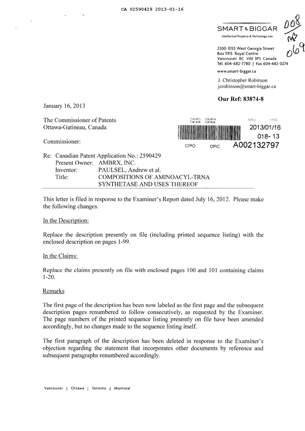 Canadian Patent Document 2590429. Prosecution-Amendment 20130116. Image 1 of 104