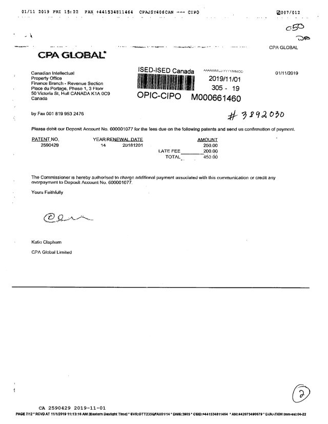 Canadian Patent Document 2590429. Maintenance Fee Payment 20191101. Image 1 of 2