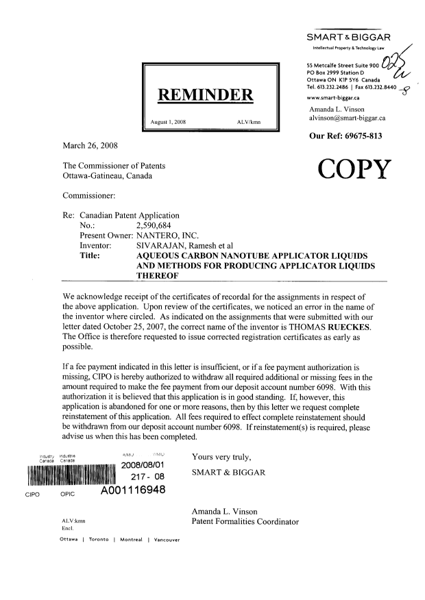 Document de brevet canadien 2590684. Cession 20080801. Image 1 de 1