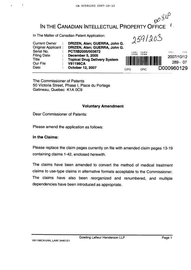 Canadian Patent Document 2591203. Prosecution-Amendment 20061212. Image 1 of 9
