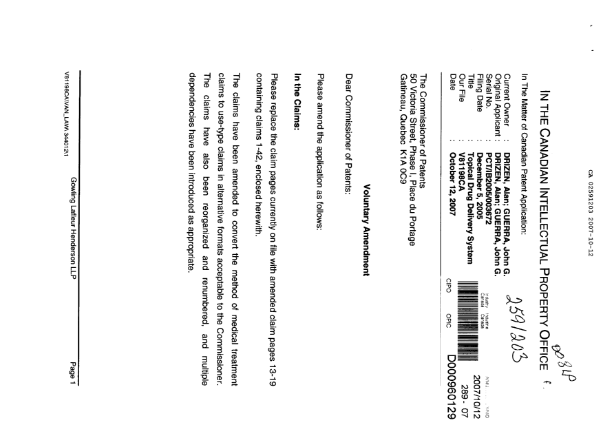 Document de brevet canadien 2591203. Poursuite-Amendment 20061212. Image 1 de 9