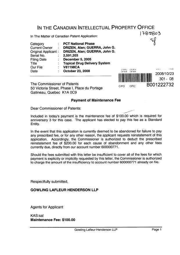 Canadian Patent Document 2591203. Fees 20081023. Image 1 of 1