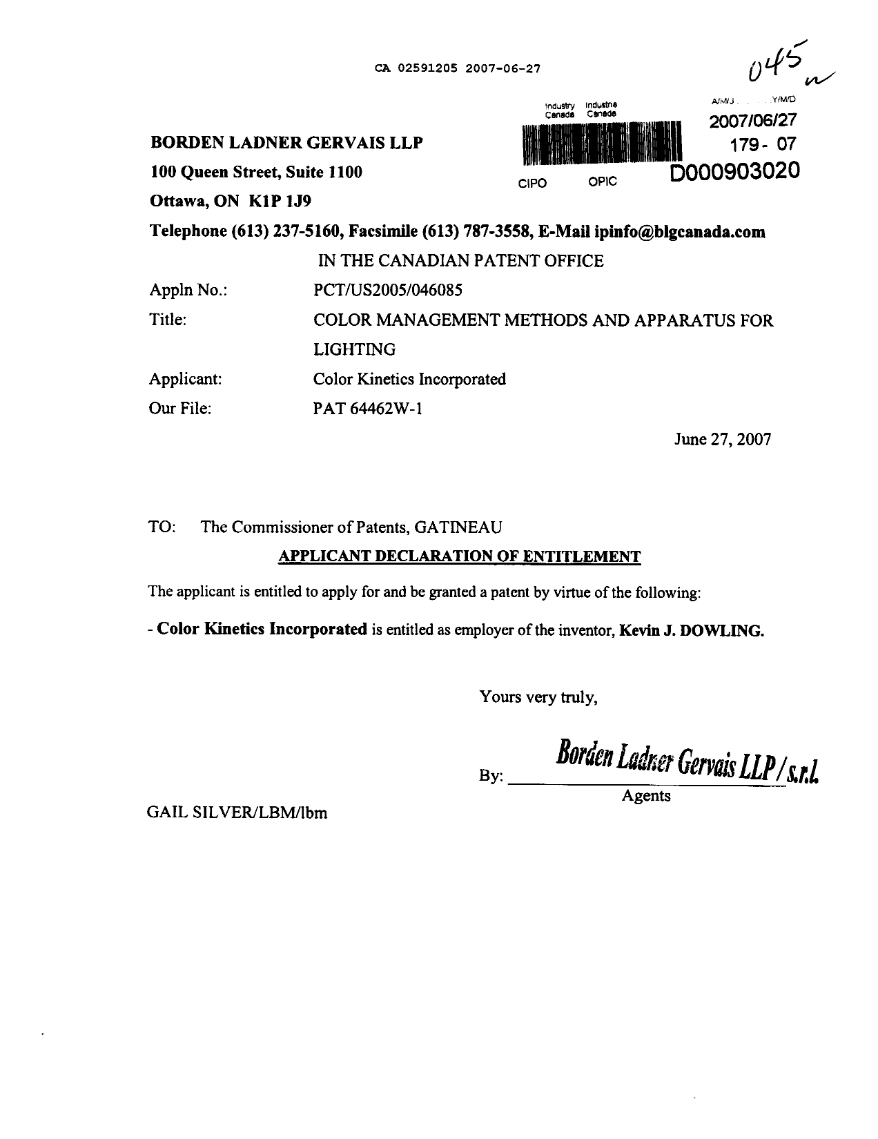 Document de brevet canadien 2591205. Correspondance 20061227. Image 1 de 1