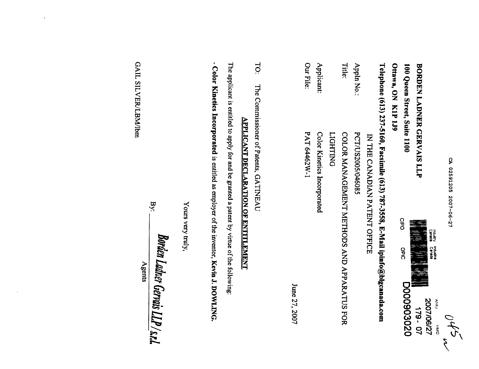 Canadian Patent Document 2591205. Correspondence 20061227. Image 1 of 1