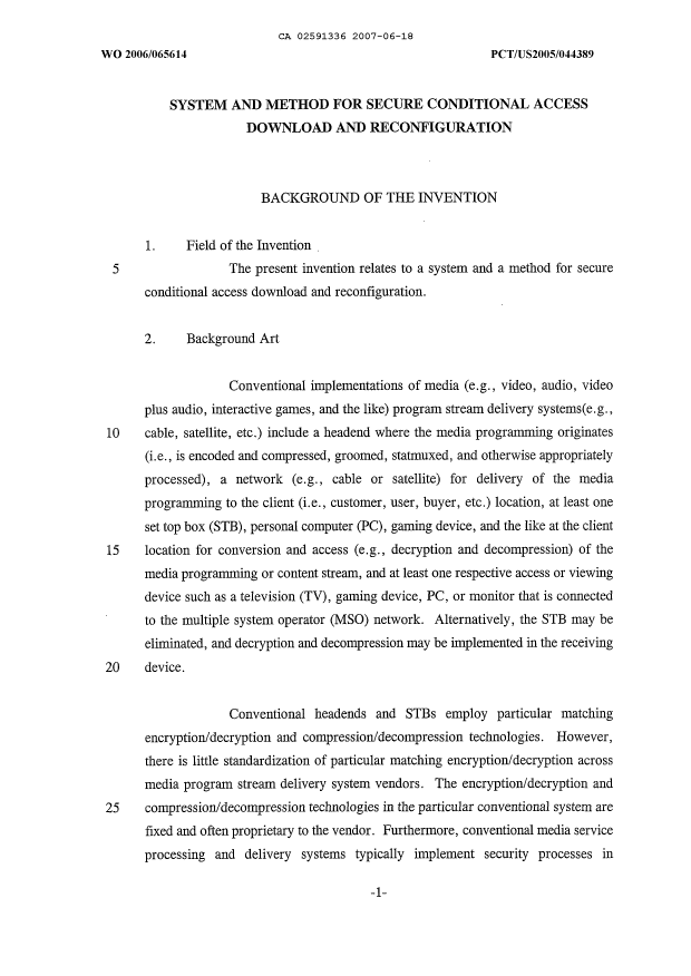 Document de brevet canadien 2591336. Description 20070618. Image 1 de 22