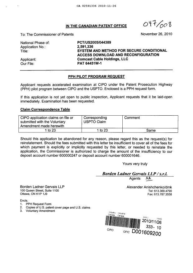 Canadian Patent Document 2591336. Prosecution-Amendment 20101126. Image 1 of 7