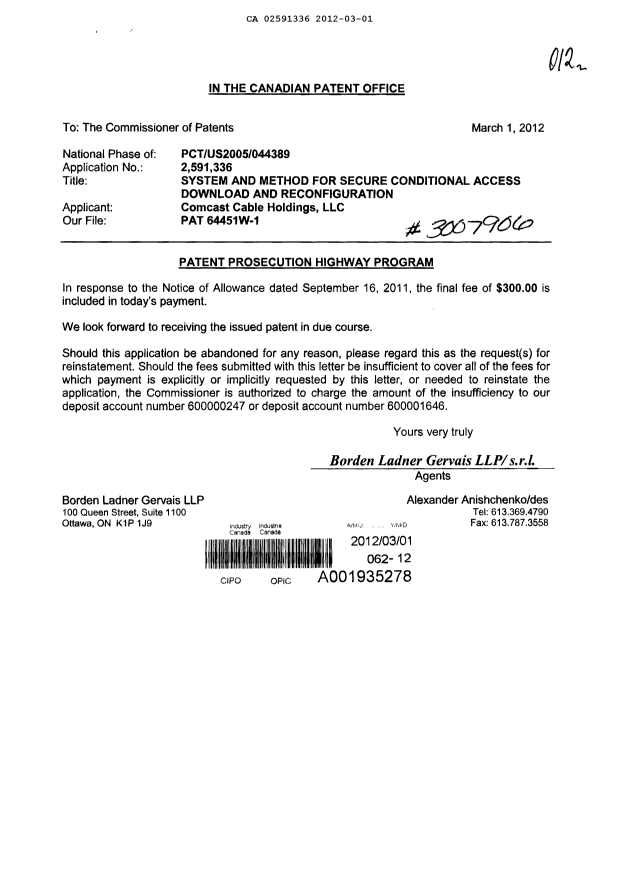 Canadian Patent Document 2591336. Correspondence 20120301. Image 1 of 1