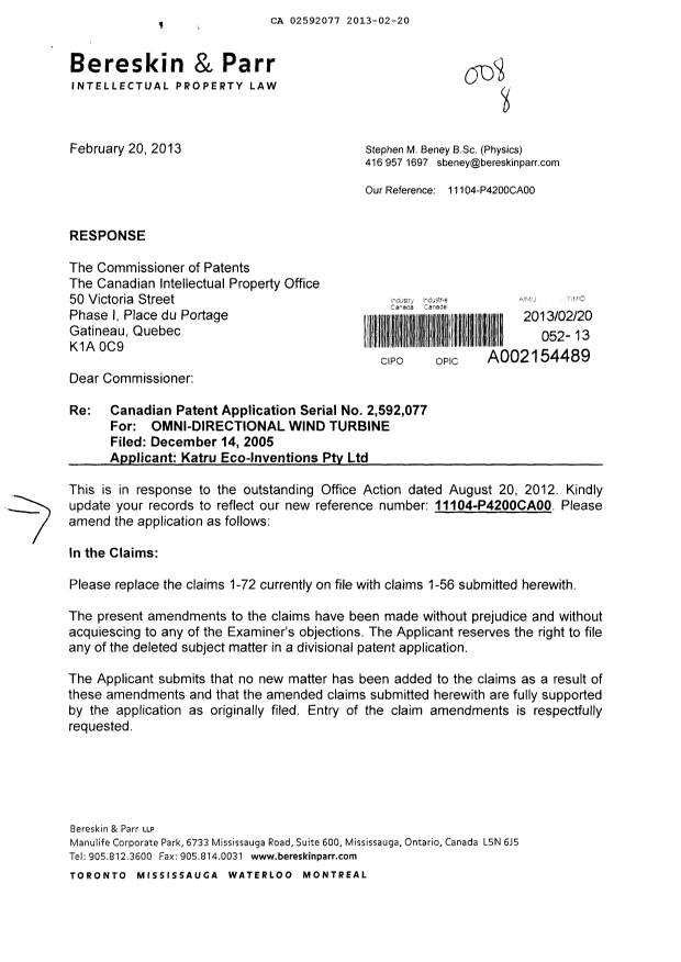 Canadian Patent Document 2592077. Prosecution-Amendment 20130220. Image 1 of 20