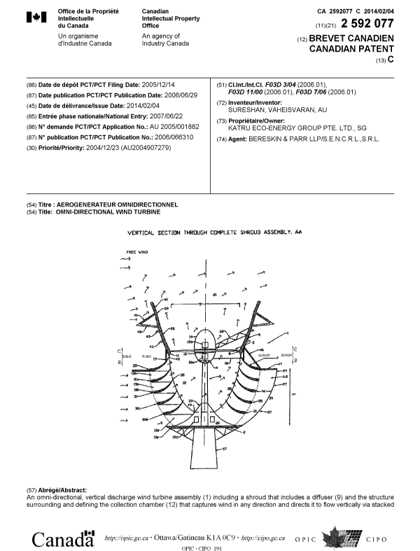 Canadian Patent Document 2592077. Cover Page 20140108. Image 1 of 2