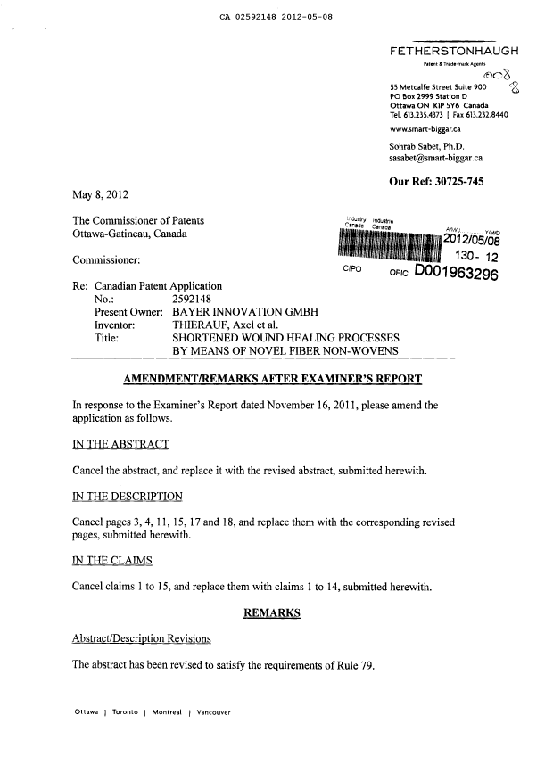 Canadian Patent Document 2592148. Prosecution-Amendment 20111208. Image 1 of 17