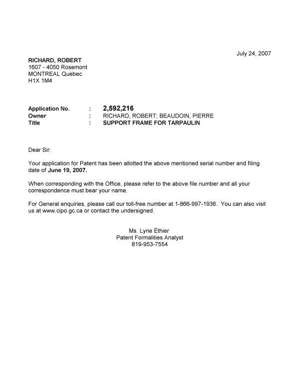 Document de brevet canadien 2592216. Correspondance 20061224. Image 1 de 1