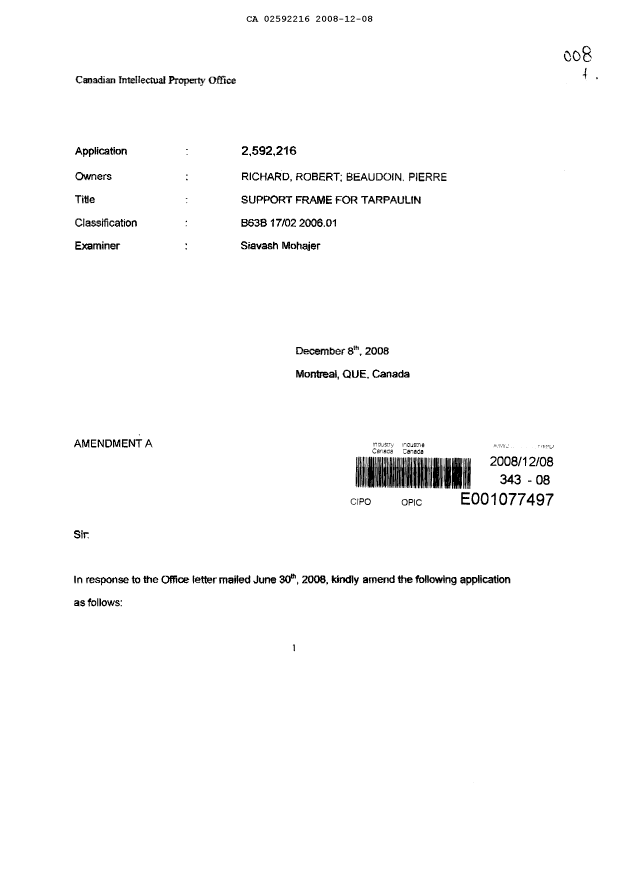 Document de brevet canadien 2592216. Poursuite-Amendment 20071208. Image 1 de 11