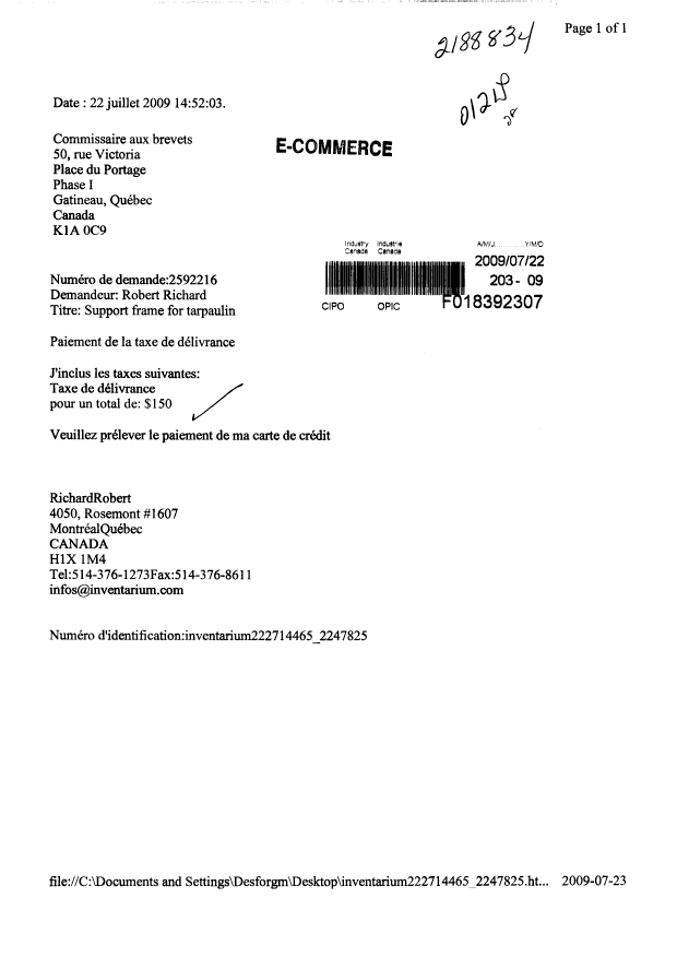 Document de brevet canadien 2592216. Correspondance 20081222. Image 1 de 1