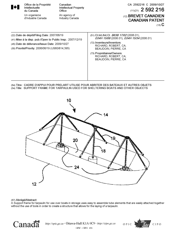Document de brevet canadien 2592216. Page couverture 20091006. Image 1 de 1