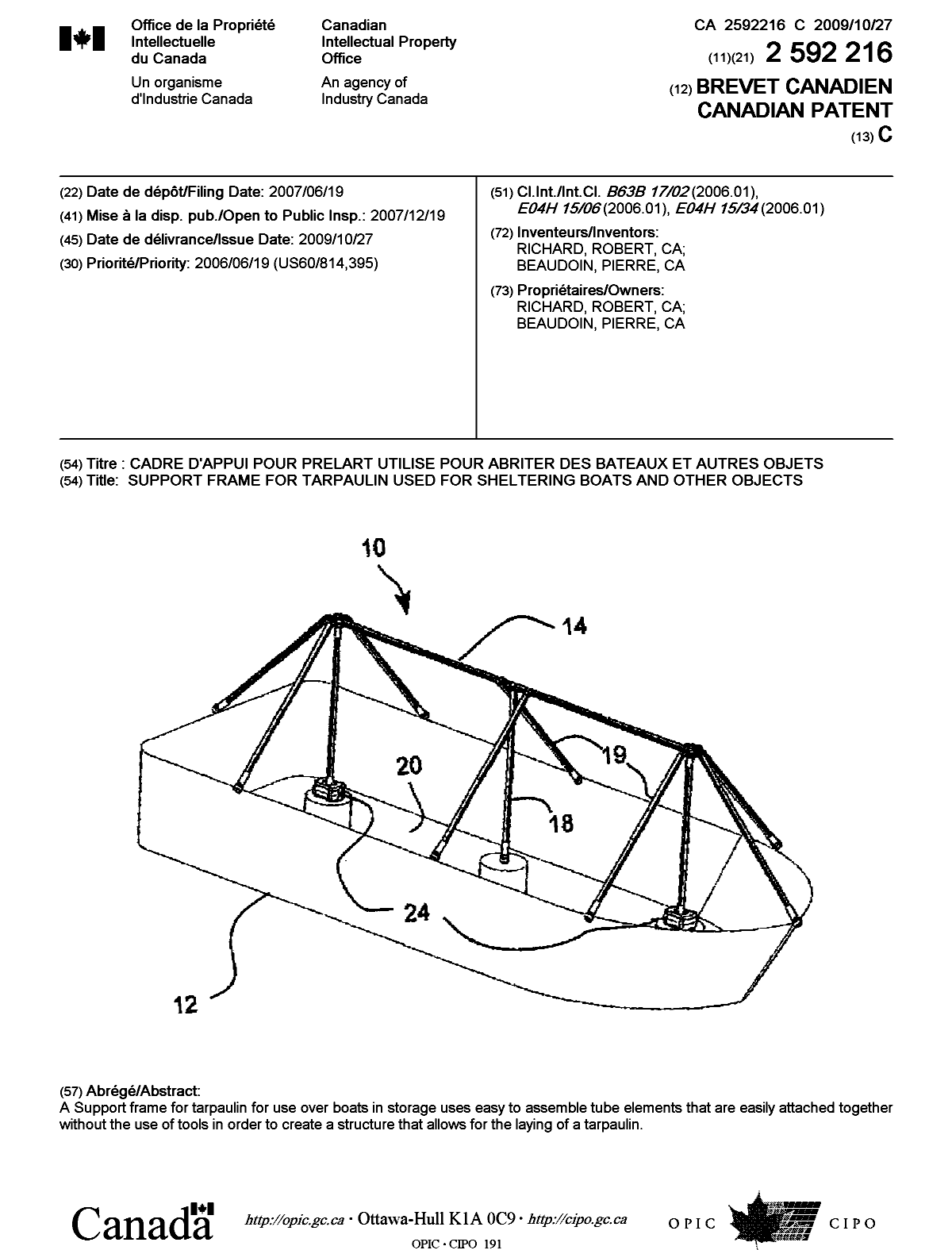 Document de brevet canadien 2592216. Page couverture 20091006. Image 1 de 1