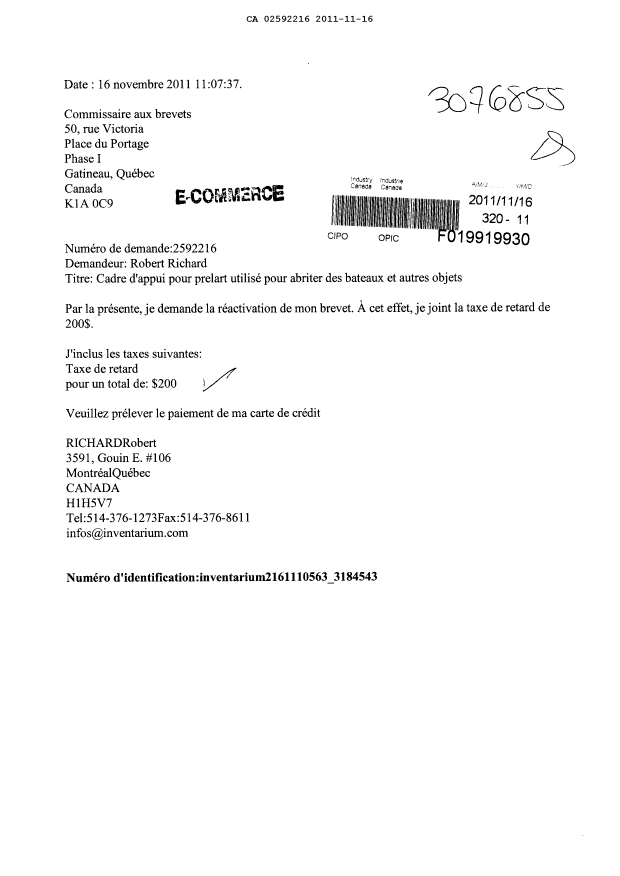 Document de brevet canadien 2592216. Taxes 20101216. Image 1 de 1