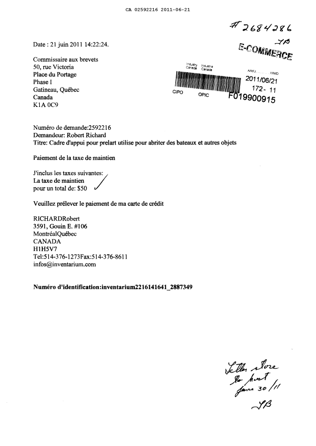 Document de brevet canadien 2592216. Taxes 20101221. Image 1 de 2