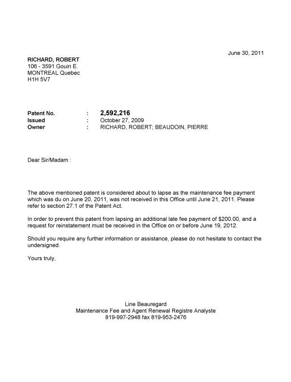 Document de brevet canadien 2592216. Correspondance 20101230. Image 1 de 1