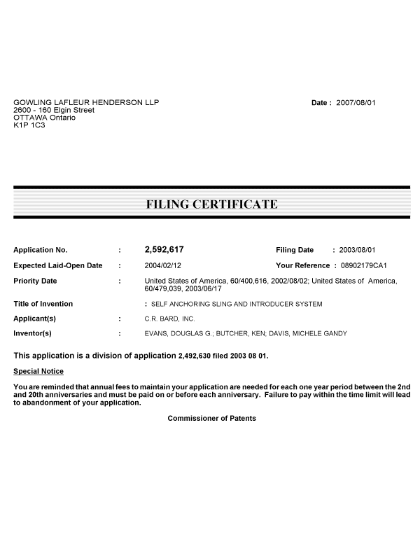 Document de brevet canadien 2592617. Correspondance 20070801. Image 1 de 1
