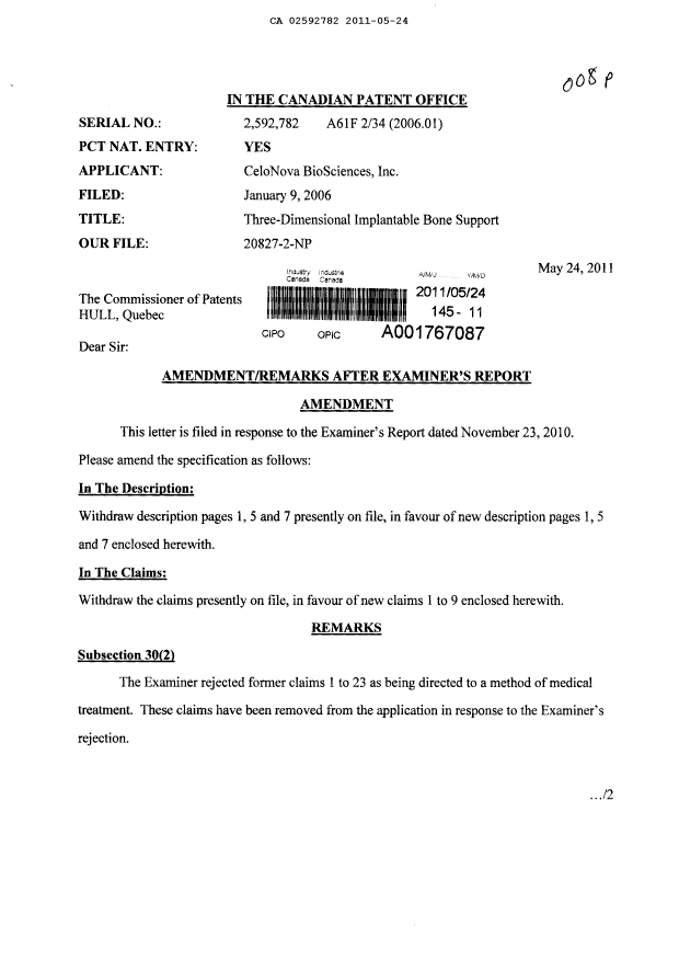 Canadian Patent Document 2592782. Prosecution-Amendment 20110524. Image 1 of 8