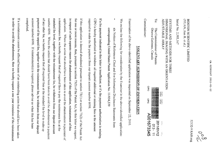 Canadian Patent Document 2593167. Prosecution-Amendment 20110112. Image 1 of 2