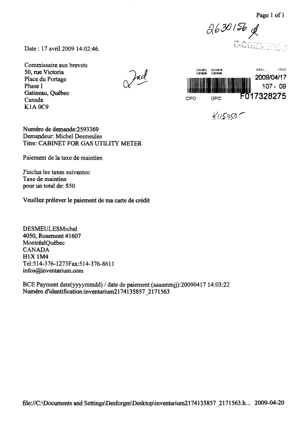 Document de brevet canadien 2593369. Taxes 20081217. Image 1 de 1