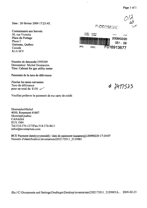 Document de brevet canadien 2593369. Correspondance 20081220. Image 1 de 1