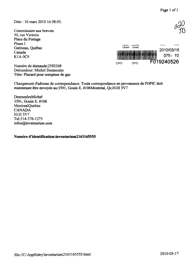Document de brevet canadien 2593369. Correspondance 20091216. Image 1 de 1
