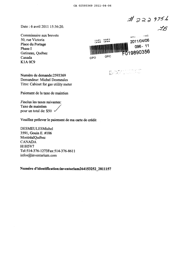 Document de brevet canadien 2593369. Taxes 20101206. Image 1 de 1