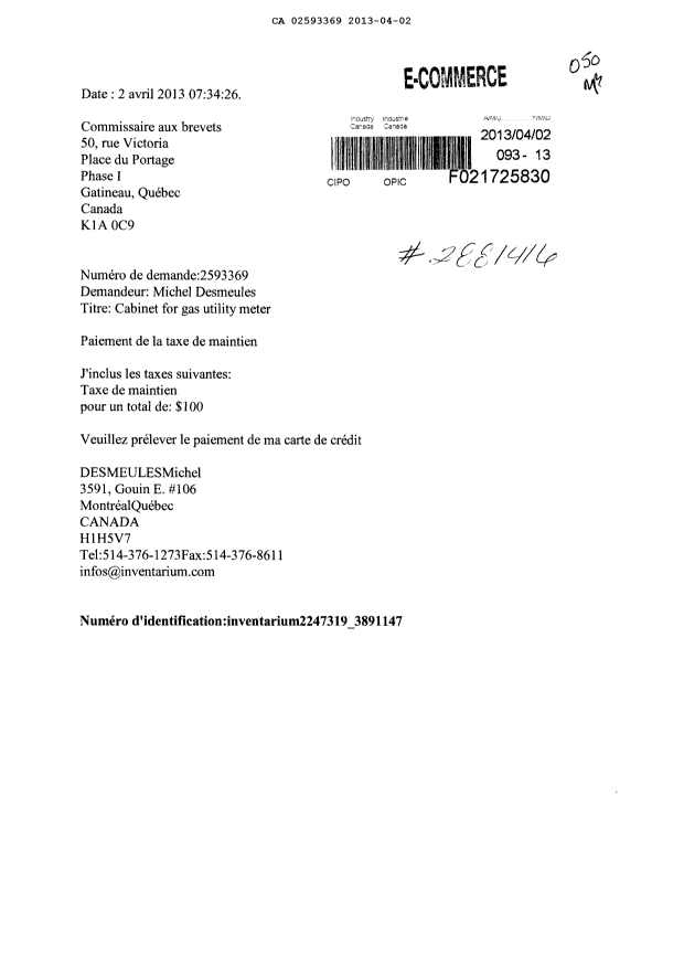 Document de brevet canadien 2593369. Taxes 20121202. Image 1 de 1
