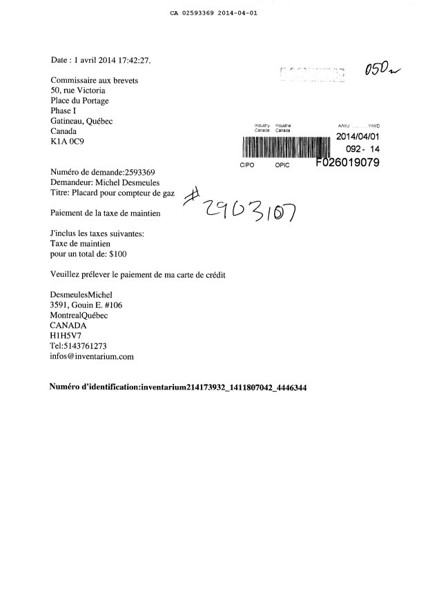 Document de brevet canadien 2593369. Taxes 20131201. Image 1 de 1