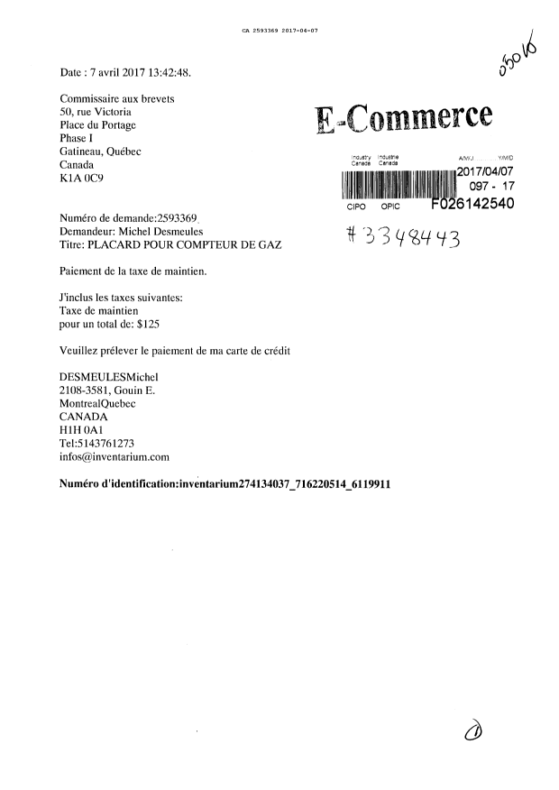 Document de brevet canadien 2593369. Taxes 20161207. Image 1 de 1