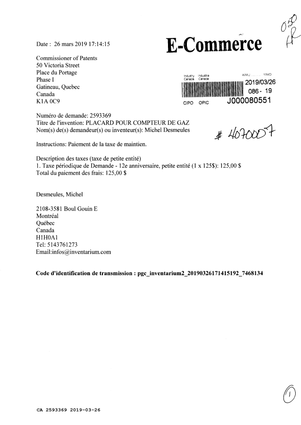 Document de brevet canadien 2593369. Taxes 20181226. Image 1 de 1