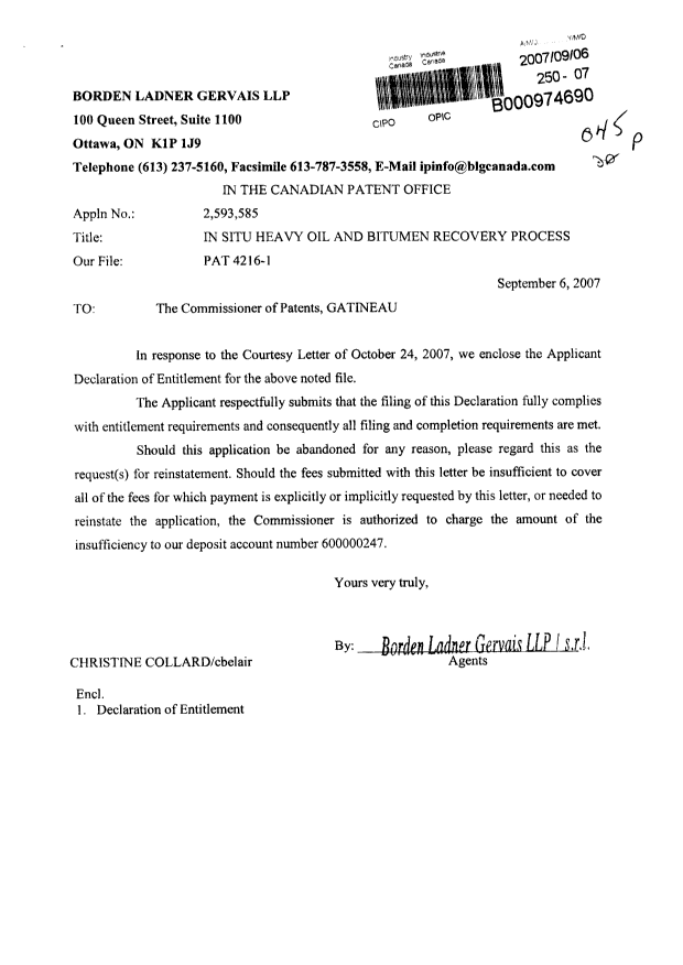 Canadian Patent Document 2593585. Correspondence 20061206. Image 1 of 2