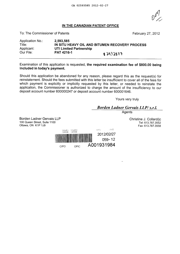 Canadian Patent Document 2593585. Prosecution-Amendment 20111227. Image 1 of 1