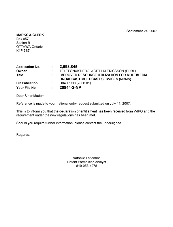 Canadian Patent Document 2593845. Correspondence 20070924. Image 1 of 1