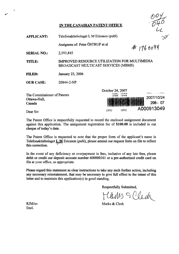 Document de brevet canadien 2593845. Cession 20071024. Image 1 de 2