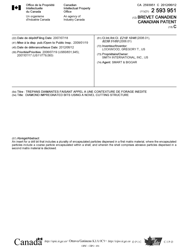 Canadian Patent Document 2593951. Cover Page 20120515. Image 1 of 1